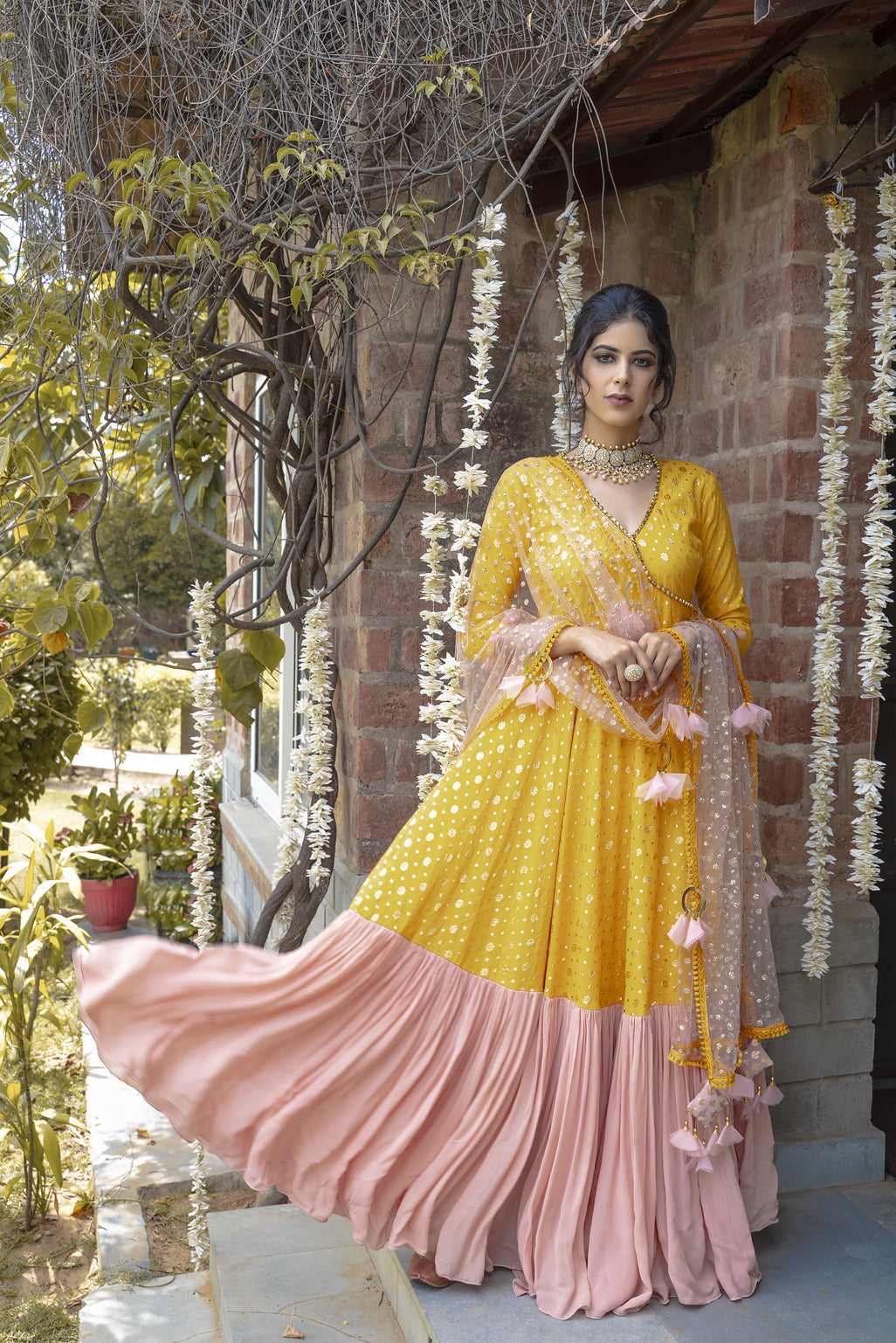 Sakshi in Yellow Chanderi Anarkali